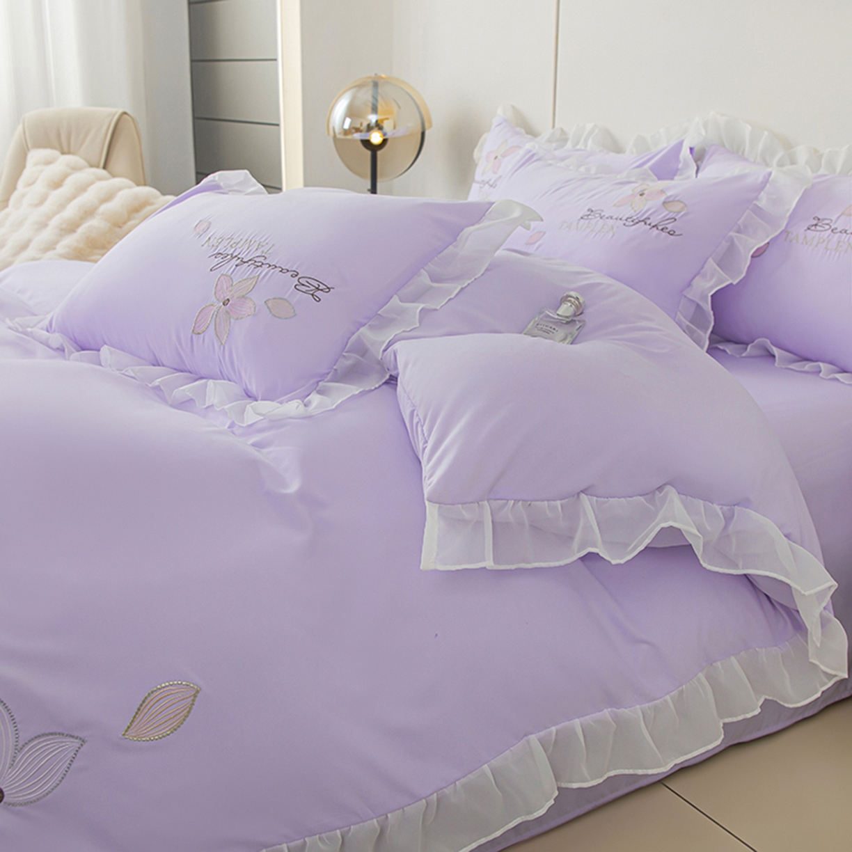 91家纺网 家纺一手货源 找家纺 木子家纺 2026新款水洗棉刺绣四件套-花颜系列 花颜-苏紫