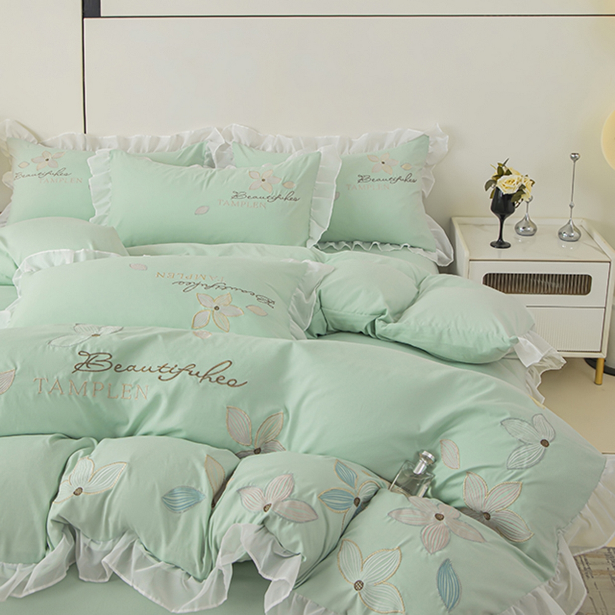 91家纺网 家纺一手货源 找家纺 木子家纺 2026新款水洗棉刺绣四件套-花颜系列 花颜-山翠绿