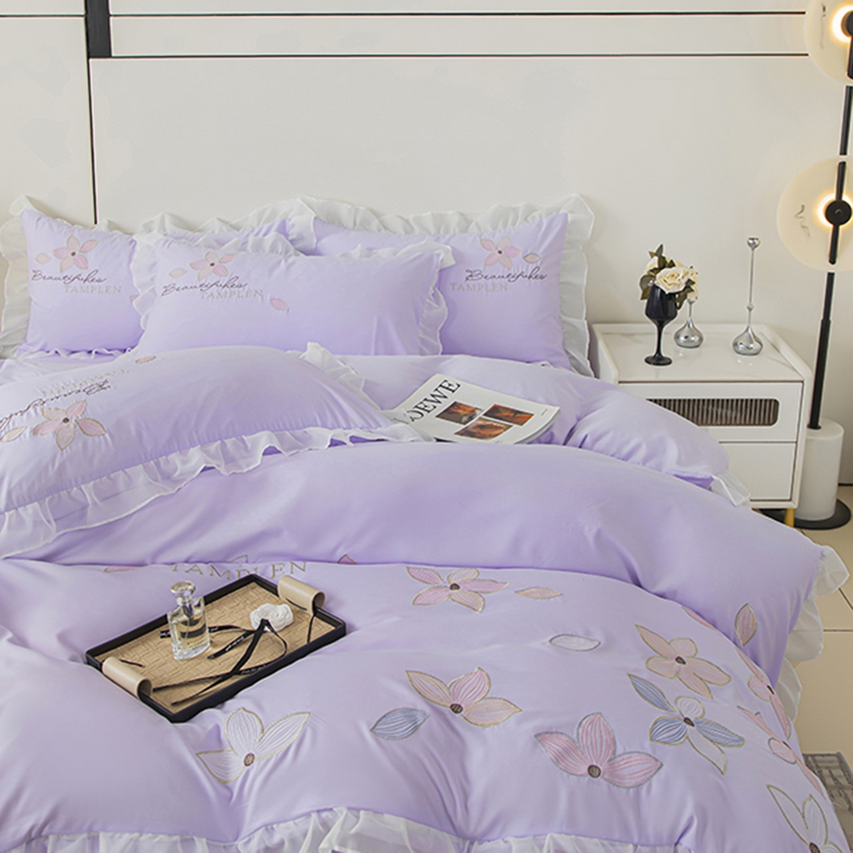 91家纺网 家纺一手货源 找家纺 木子家纺 2026新款水洗棉刺绣四件套-花颜系列 花颜-苏紫