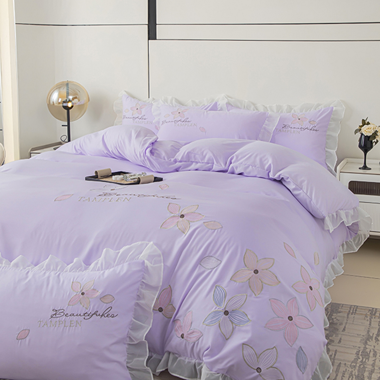 91家纺网 家纺一手货源 找家纺 木子家纺 2026新款水洗棉刺绣四件套-花颜系列 花颜-苏紫