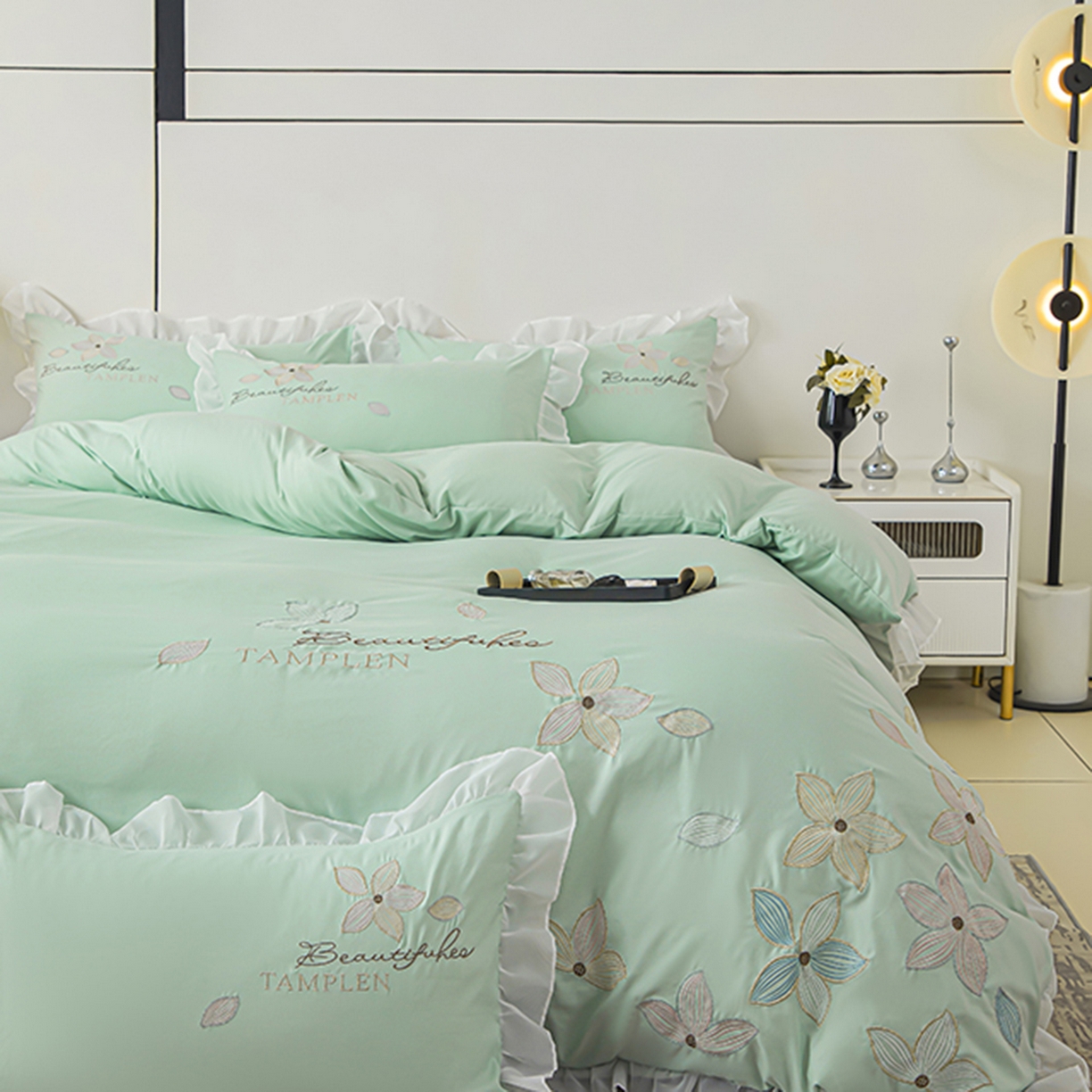 91家纺网 家纺一手货源 找家纺 木子家纺 2026新款水洗棉刺绣四件套-花颜系列 花颜-山翠绿