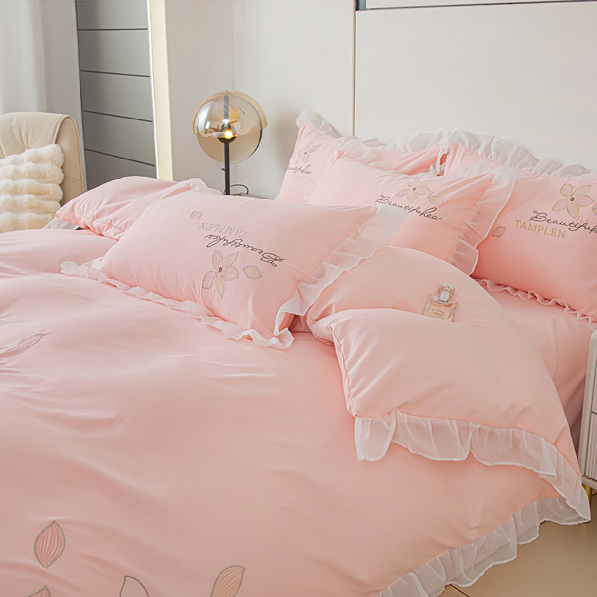 91家纺网 家纺一手货源 找家纺 木子家纺 2026新款水洗棉刺绣四件套-花颜系列 花颜-胭脂粉