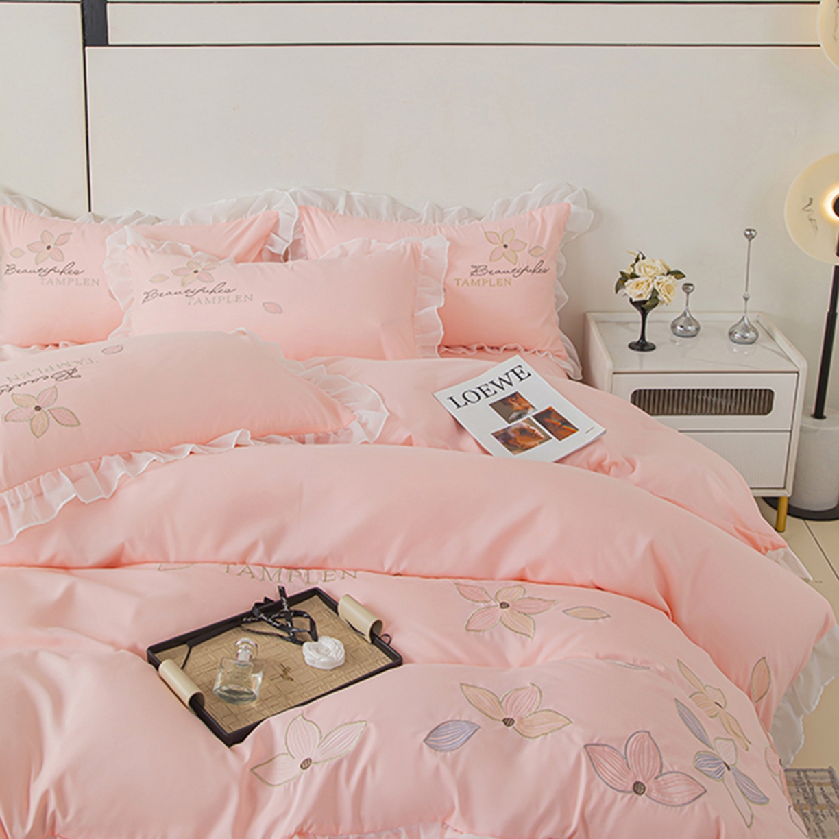 91家纺网 家纺一手货源 找家纺 木子家纺 2026新款水洗棉刺绣四件套-花颜系列 花颜-胭脂粉