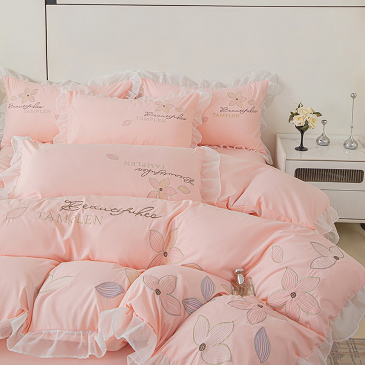 91家纺网 家纺一手货源 找家纺 木子家纺 2026新款水洗棉刺绣四件套-花颜系列 花颜-胭脂粉