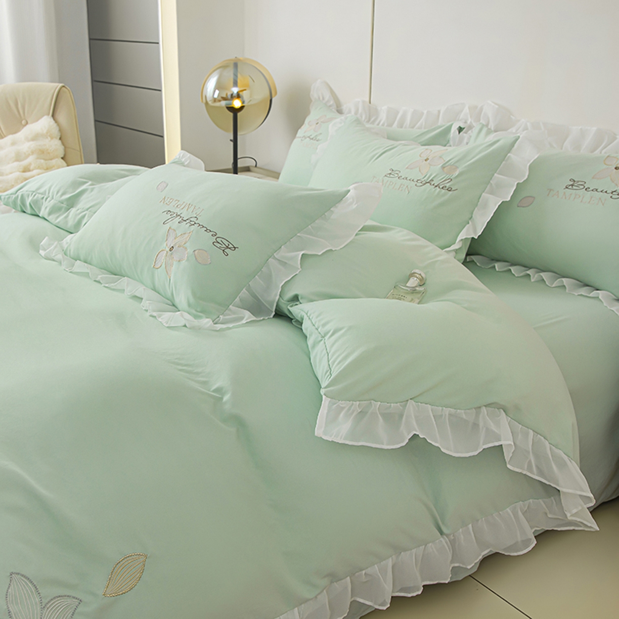 91家纺网 家纺一手货源 找家纺 木子家纺 2026新款水洗棉刺绣四件套-花颜系列 花颜-山翠绿