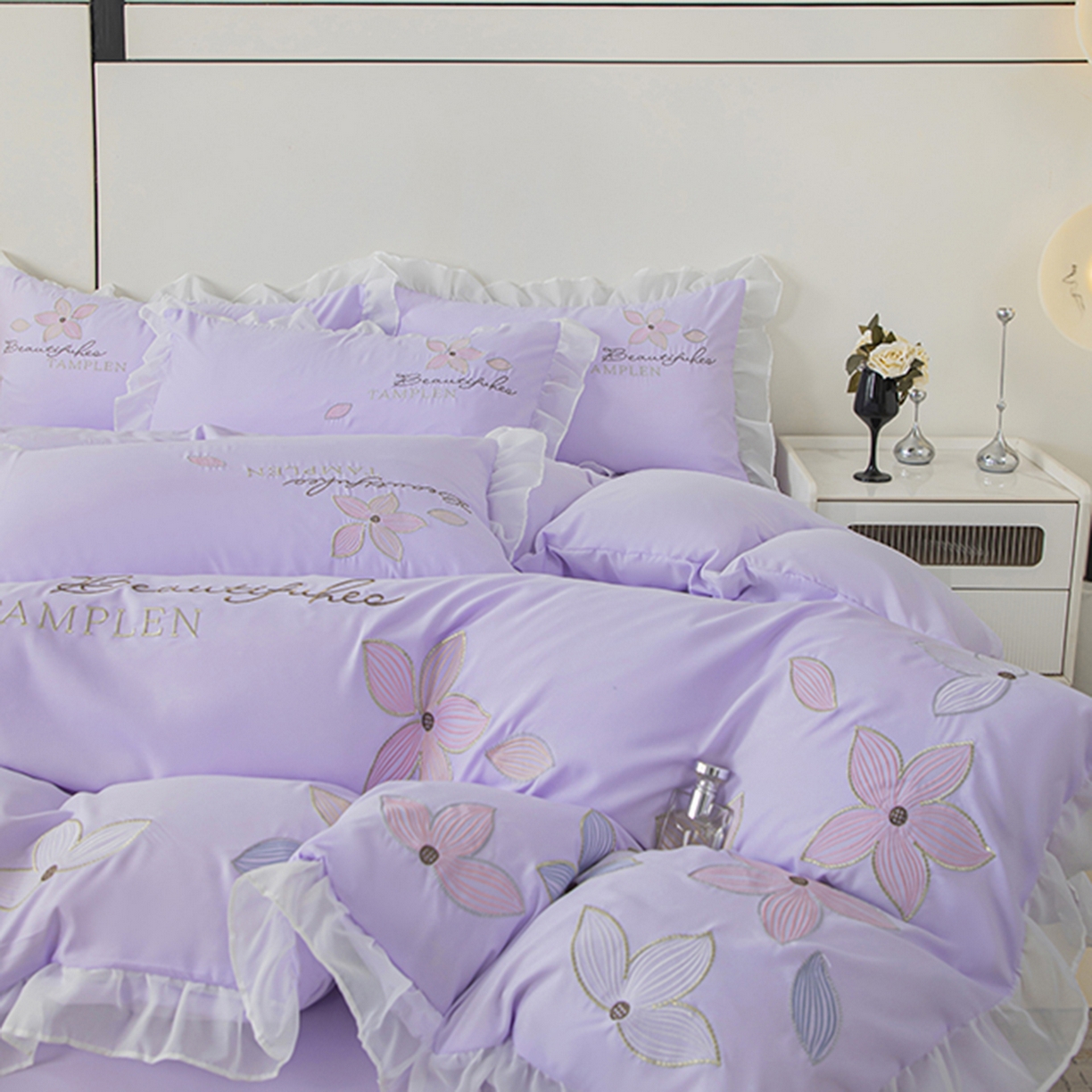 91家纺网 家纺一手货源 找家纺 木子家纺 2026新款水洗棉刺绣四件套-花颜系列 花颜-苏紫