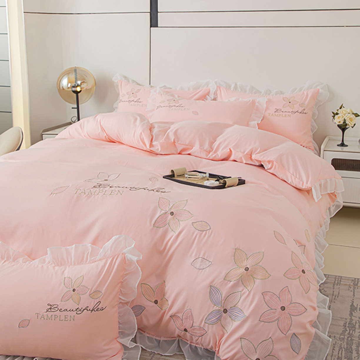 91家纺网 家纺一手货源 找家纺 木子家纺 2026新款水洗棉刺绣四件套-花颜系列 花颜-胭脂粉