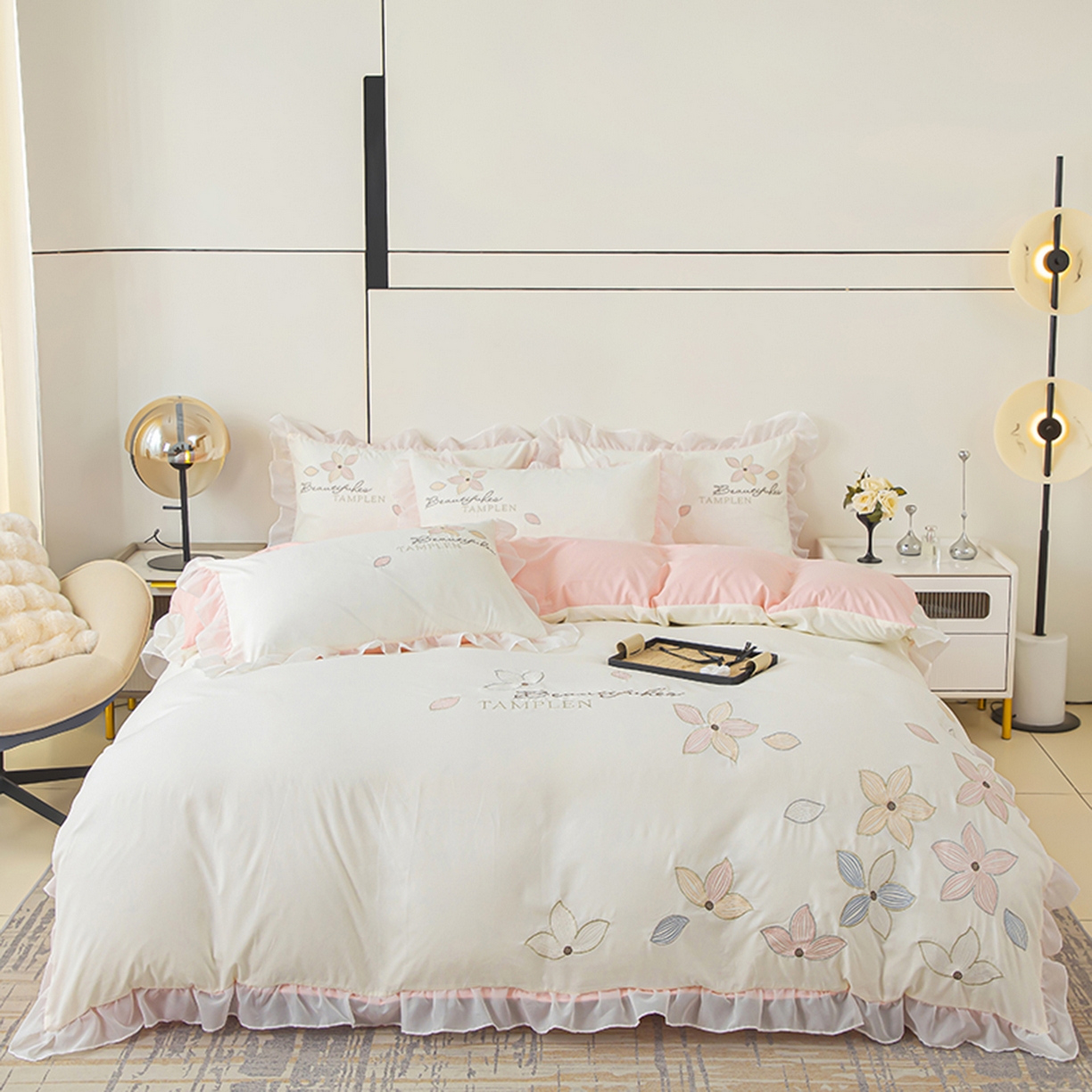 91家纺网 家纺一手货源 找家纺 木子家纺 2026新款水洗棉刺绣四件套-花颜系列 花颜-茶白玉