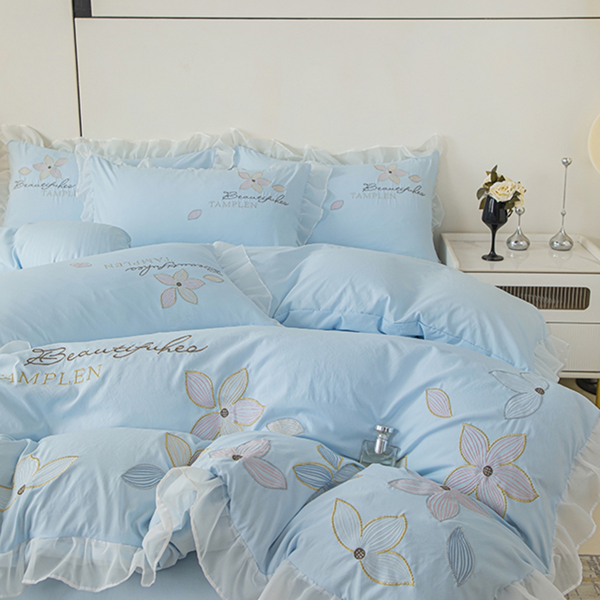 91家纺网 家纺一手货源 找家纺 木子家纺 2026新款水洗棉刺绣四件套-花颜系列 花颜-沙天兰