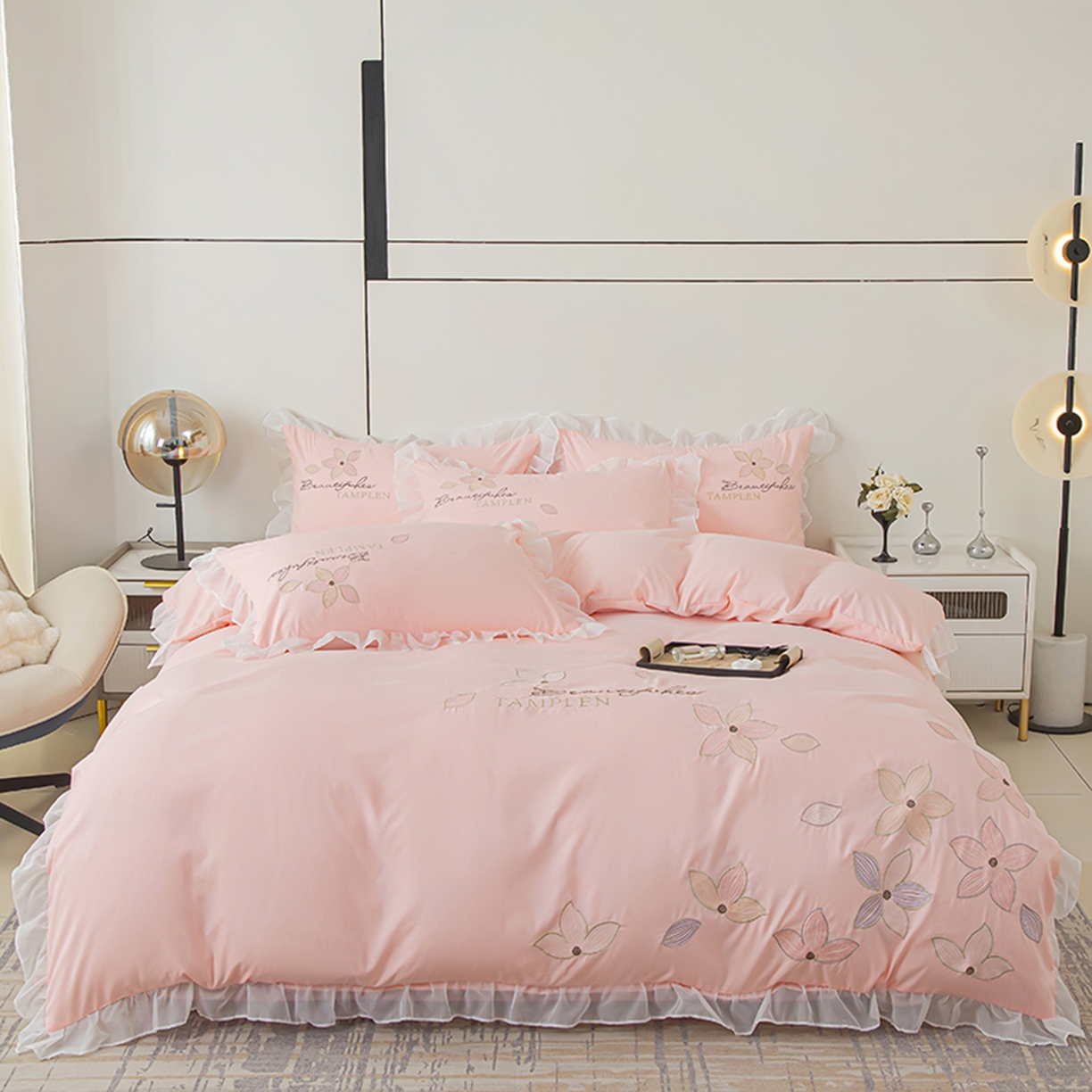 91家纺网 家纺一手货源 找家纺 木子家纺 2026新款水洗棉刺绣四件套-花颜系列 花颜-胭脂粉