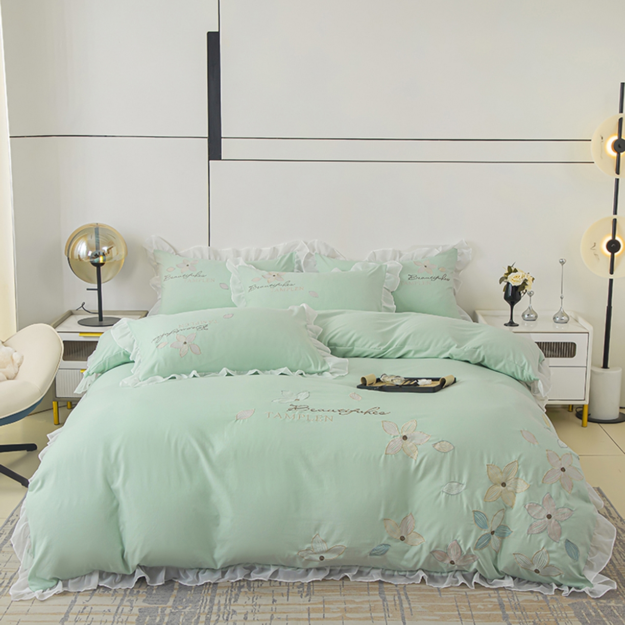 91家纺网 家纺一手货源 找家纺 木子家纺 2026新款水洗棉刺绣四件套-花颜系列 花颜-山翠绿