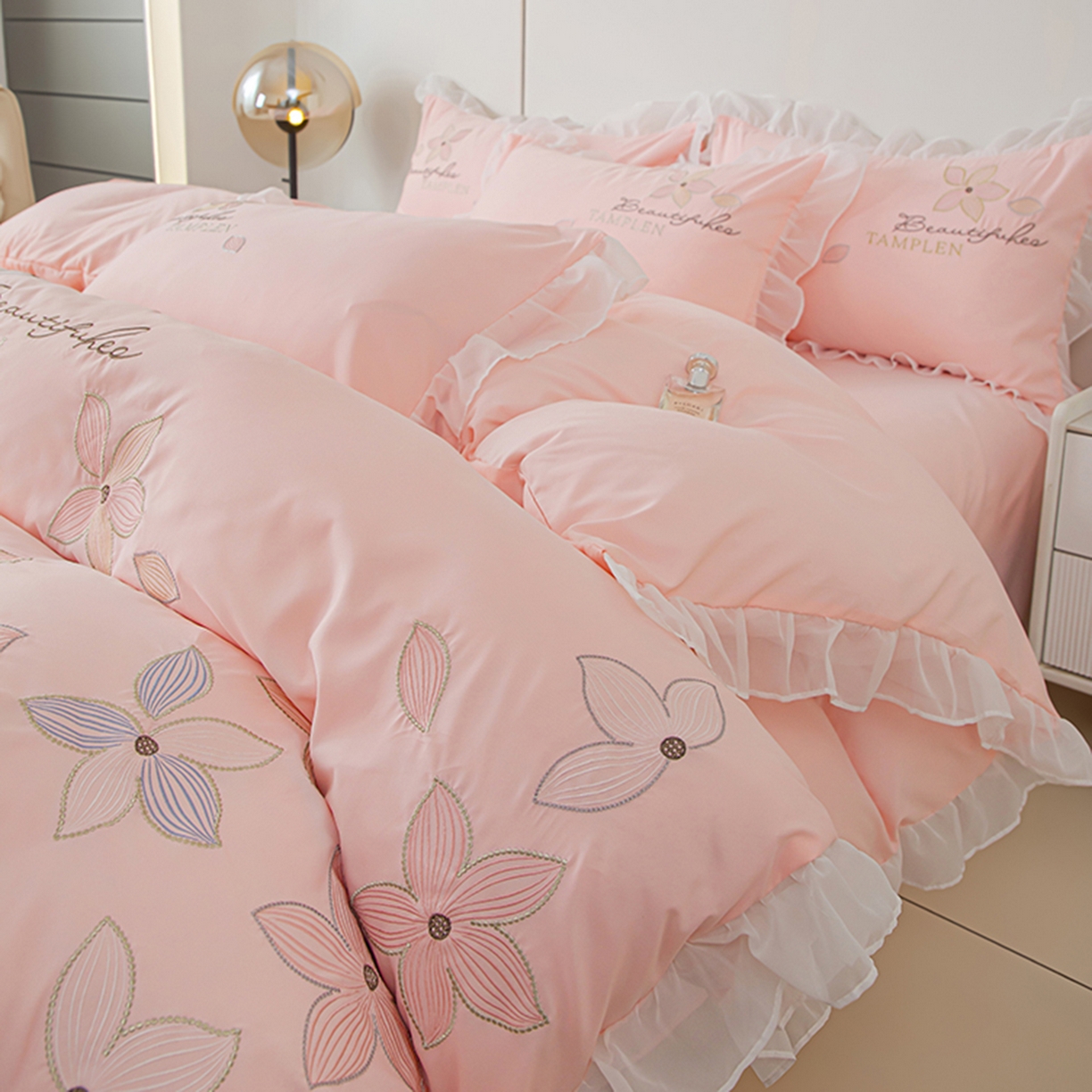 91家纺网 家纺一手货源 找家纺 木子家纺 2026新款水洗棉刺绣四件套-花颜系列 花颜-胭脂粉