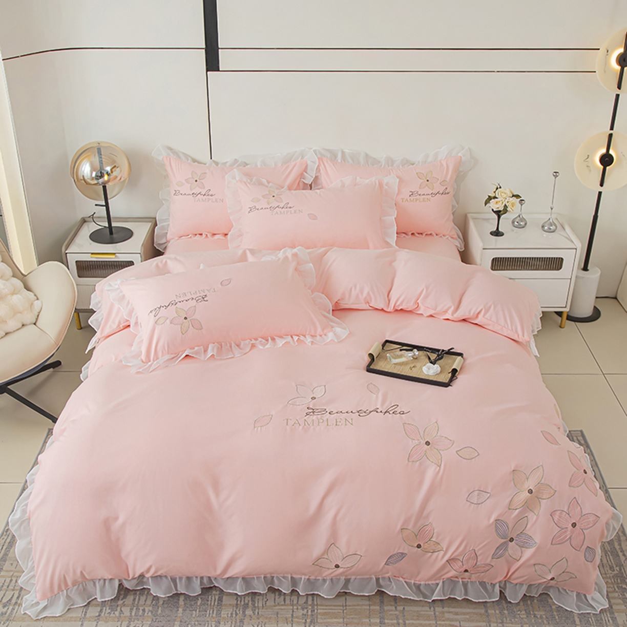 91家纺网 家纺一手货源 找家纺 木子家纺 2026新款水洗棉刺绣四件套-花颜系列 花颜-胭脂粉