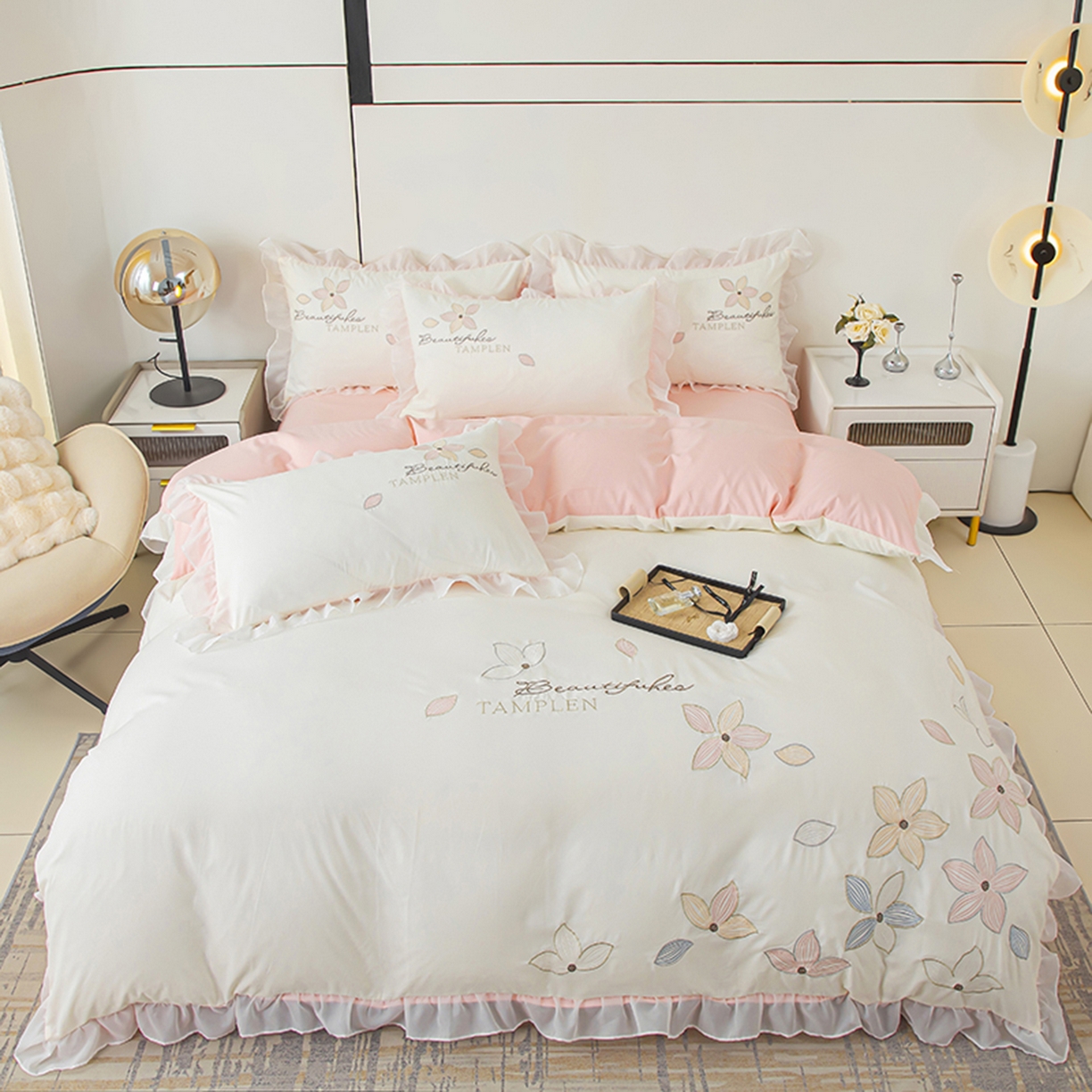 91家纺网 家纺一手货源 找家纺 木子家纺 2026新款水洗棉刺绣四件套-花颜系列 花颜-茶白玉