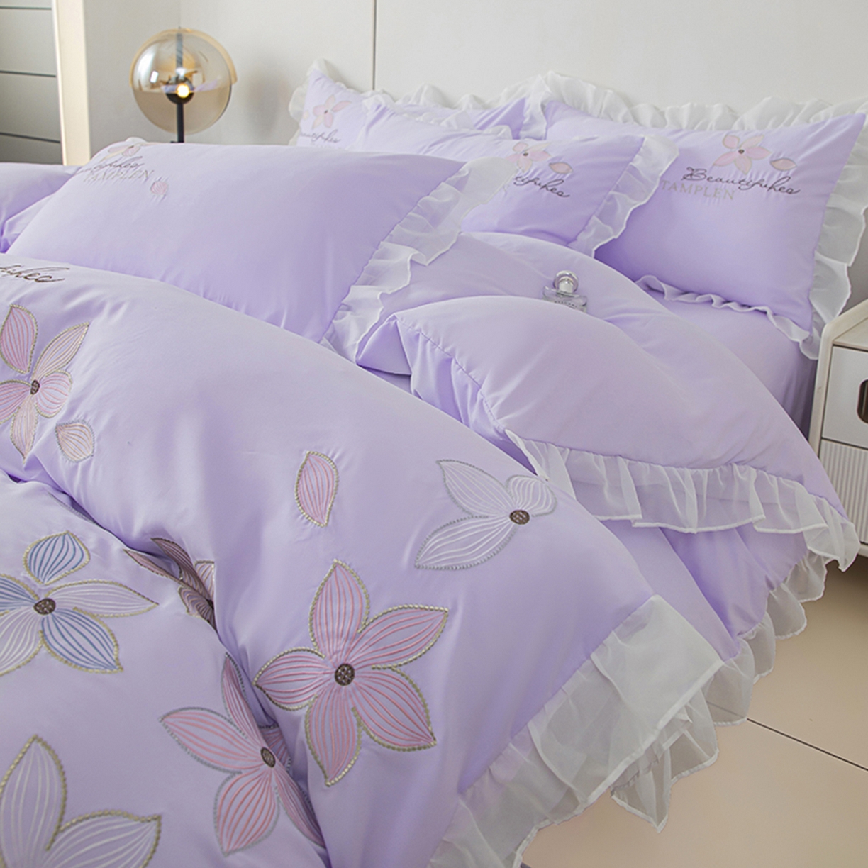 91家纺网 家纺一手货源 找家纺 木子家纺 2026新款水洗棉刺绣四件套-花颜系列 花颜-苏紫