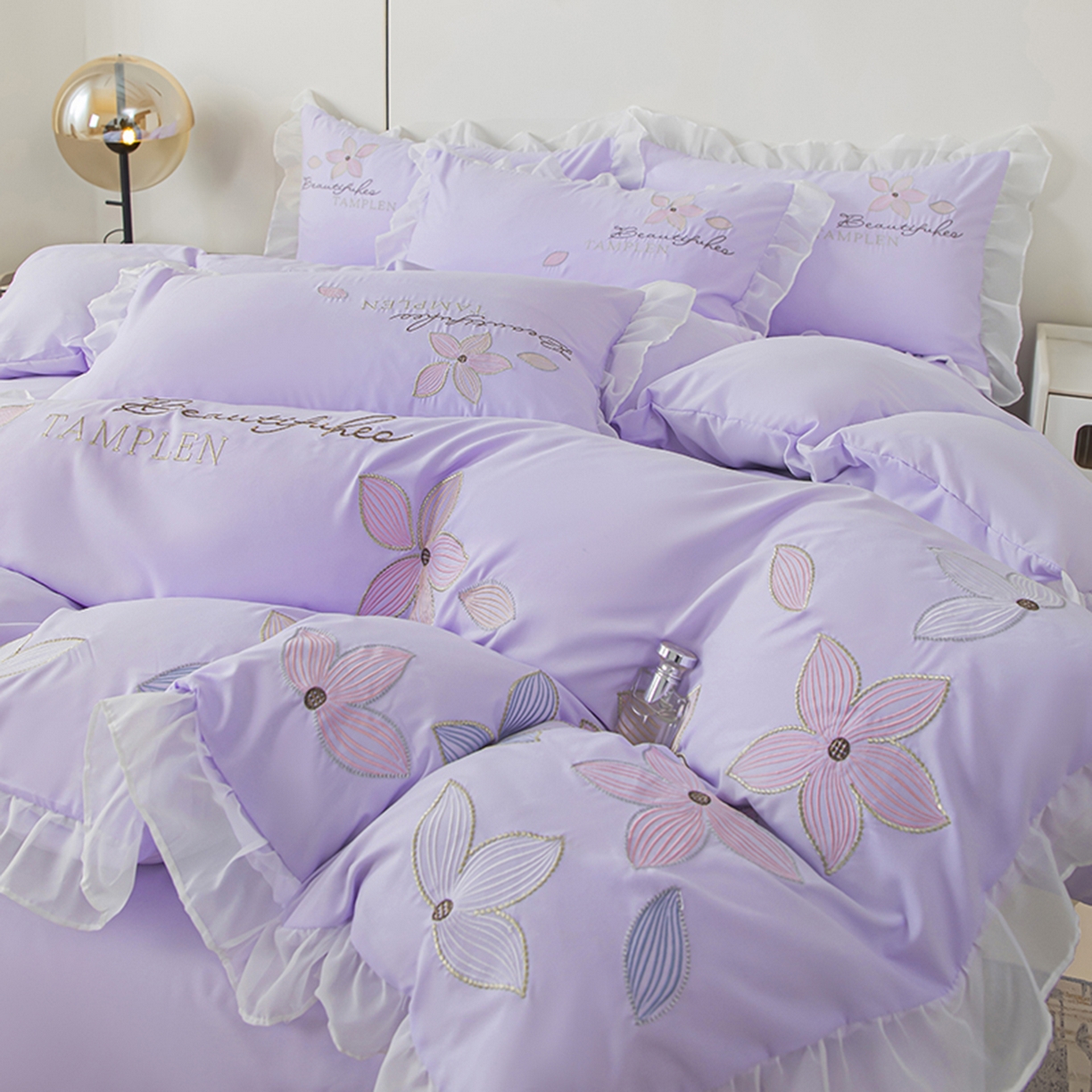 91家纺网 家纺一手货源 找家纺 木子家纺 2026新款水洗棉刺绣四件套-花颜系列 花颜-苏紫