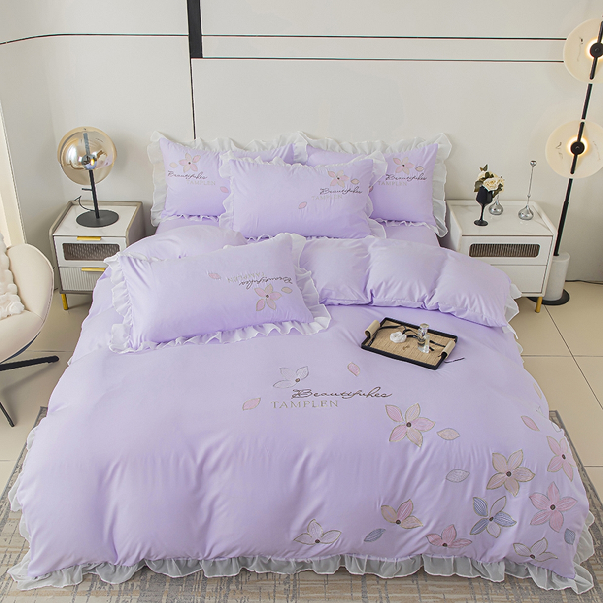 91家纺网 家纺一手货源 找家纺 木子家纺 2026新款水洗棉刺绣四件套-花颜系列 花颜-苏紫