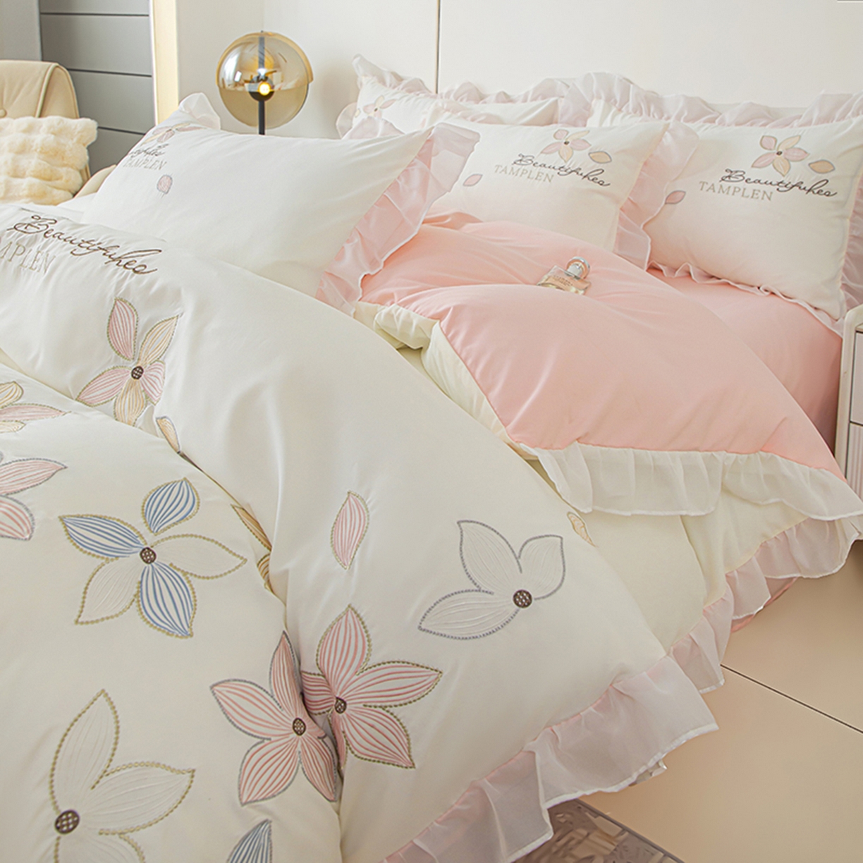 91家纺网 家纺一手货源 找家纺 木子家纺 2026新款水洗棉刺绣四件套-花颜系列 花颜-茶白玉