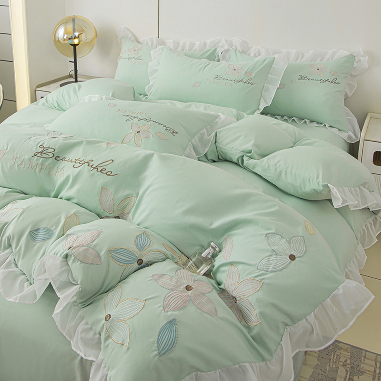 91家纺网 家纺一手货源 找家纺 木子家纺 2026新款水洗棉刺绣四件套-花颜系列 花颜-山翠绿