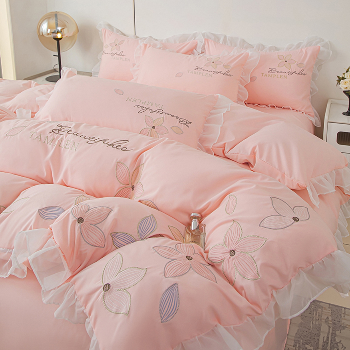 91家纺网 家纺一手货源 找家纺 木子家纺 2026新款水洗棉刺绣四件套-花颜系列 花颜-胭脂粉