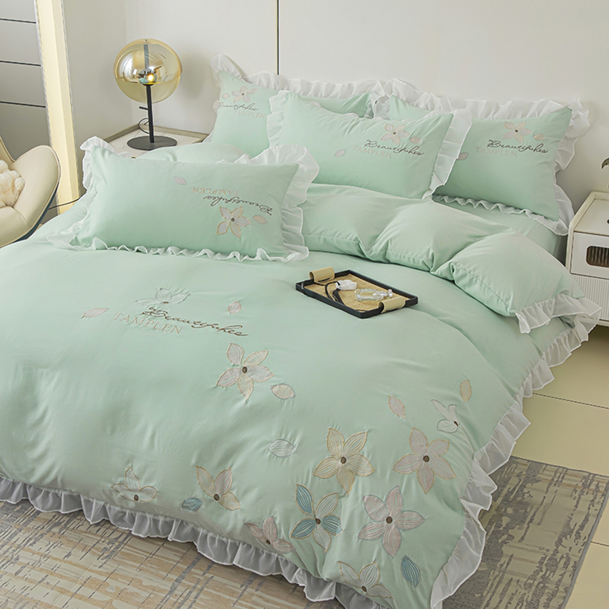 91家纺网 家纺一手货源 找家纺 木子家纺 2026新款水洗棉刺绣四件套-花颜系列 花颜-山翠绿