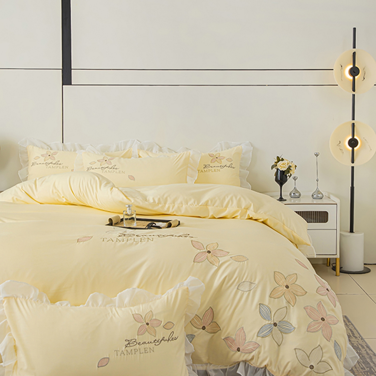 91家纺网 家纺一手货源 找家纺 木子家纺 2026新款水洗棉刺绣四件套-花颜系列 花颜-萱草黄