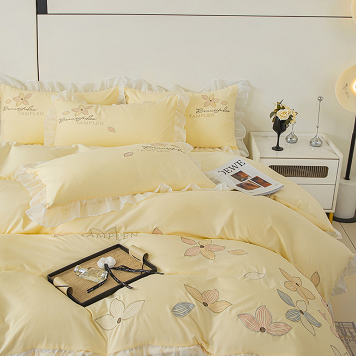 91家纺网 家纺一手货源 找家纺 木子家纺 2026新款水洗棉刺绣四件套-花颜系列 花颜-萱草黄