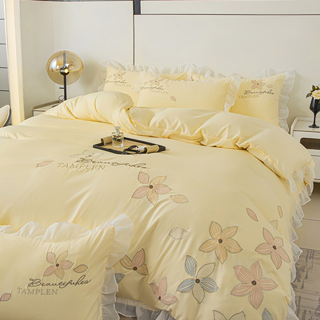 91家纺网 家纺一手货源 找家纺 木子家纺 2026新款水洗棉刺绣四件套-花颜系列 花颜-萱草黄