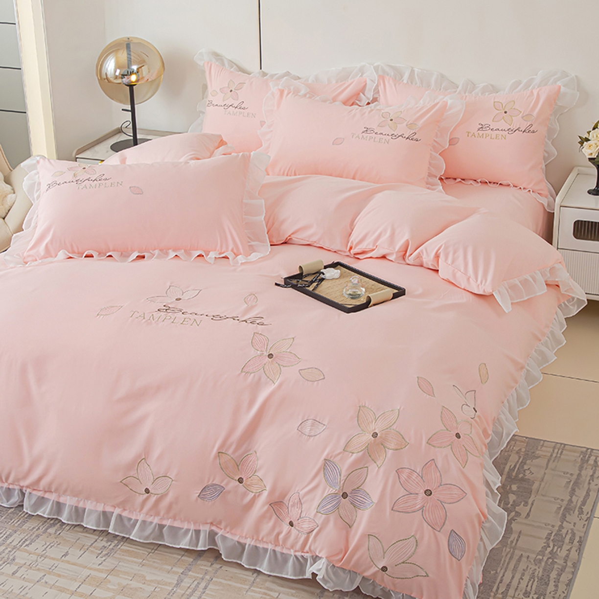 91家纺网 家纺一手货源 找家纺 木子家纺 2026新款水洗棉刺绣四件套-花颜系列 花颜-胭脂粉