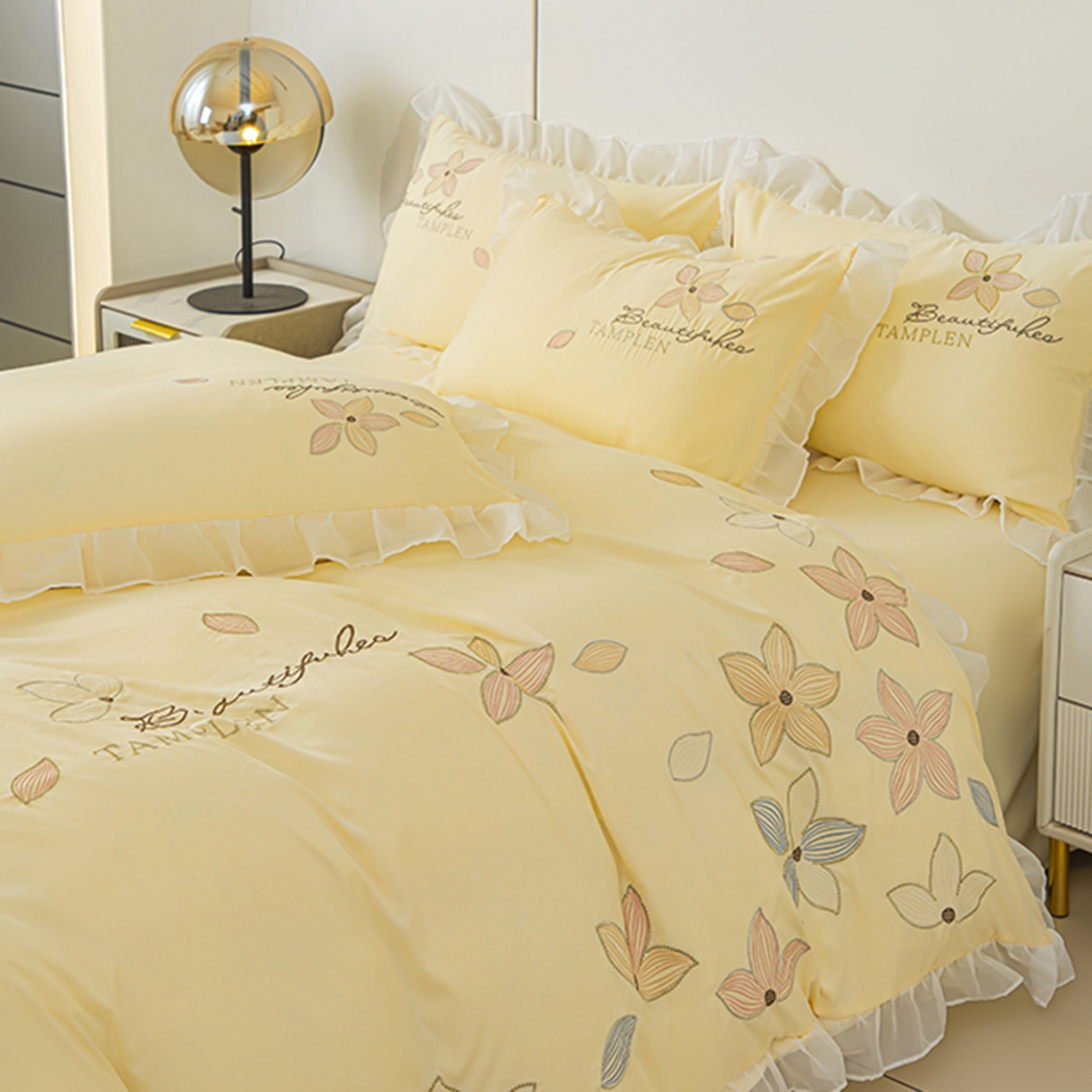 91家纺网 家纺一手货源 找家纺 木子家纺 2026新款水洗棉刺绣四件套-花颜系列 花颜-萱草黄