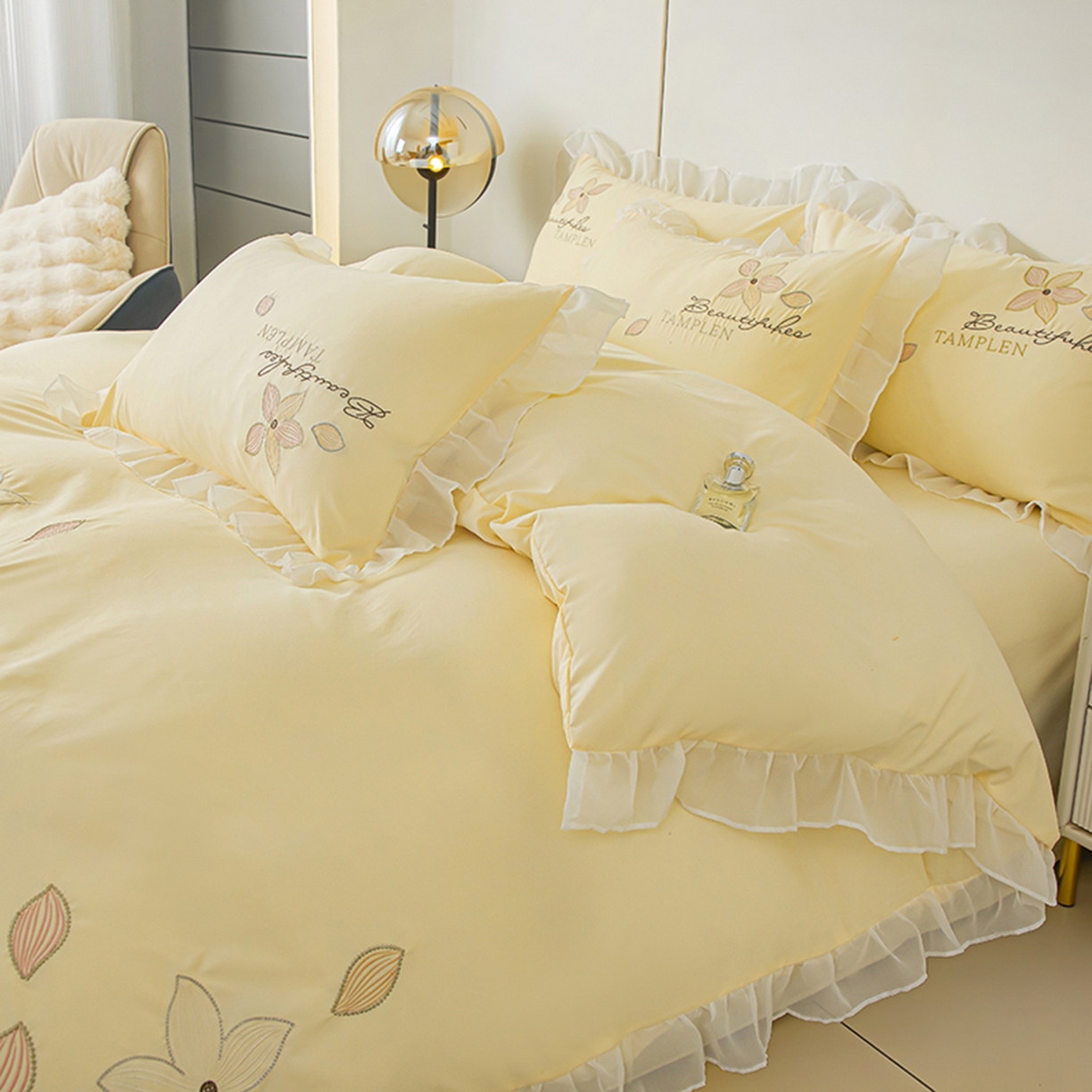 91家纺网 家纺一手货源 找家纺 木子家纺 2026新款水洗棉刺绣四件套-花颜系列 花颜-萱草黄