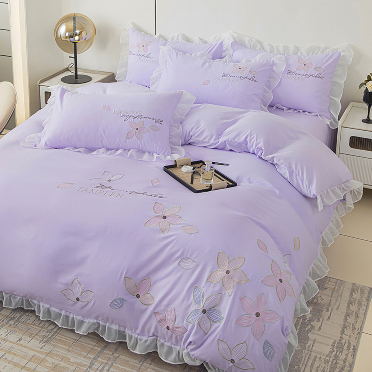 91家纺网 家纺一手货源 找家纺 木子家纺 2026新款水洗棉刺绣四件套-花颜系列 花颜-苏紫