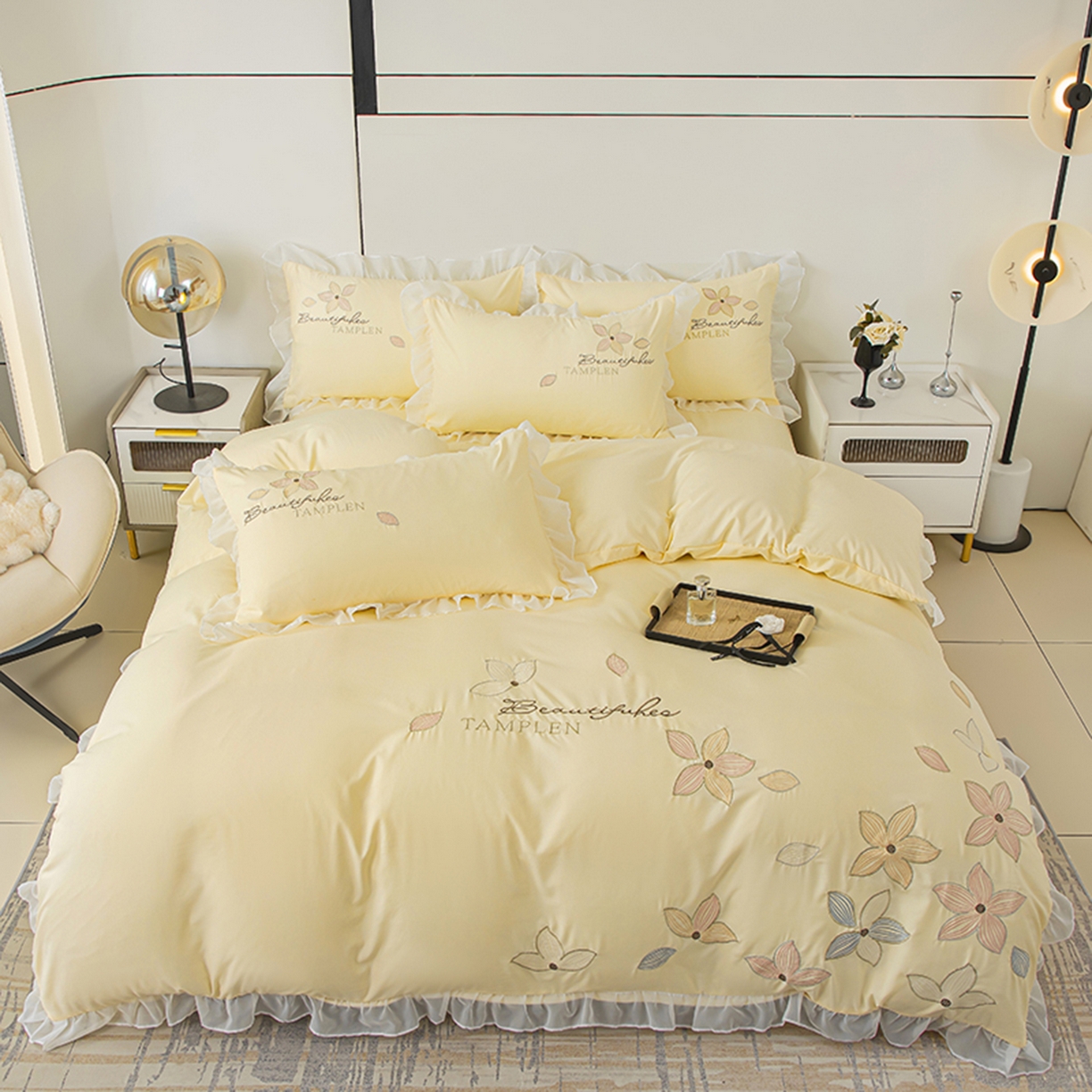 91家纺网 家纺一手货源 找家纺 木子家纺 2026新款水洗棉刺绣四件套-花颜系列 花颜-萱草黄