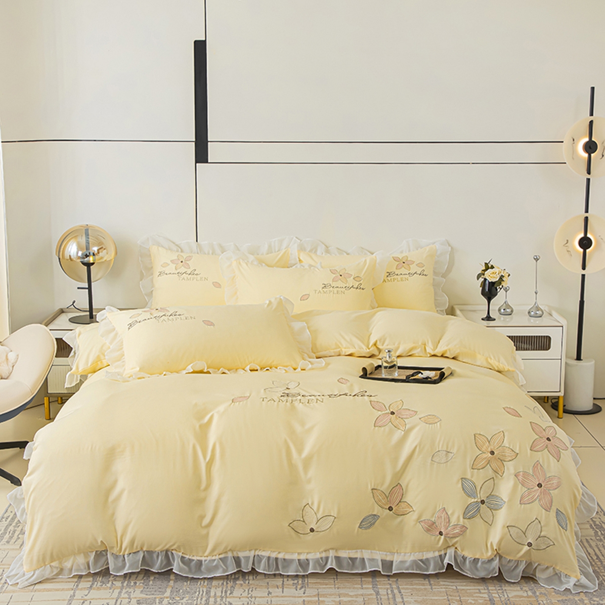 91家纺网 家纺一手货源 找家纺 木子家纺 2026新款水洗棉刺绣四件套-花颜系列 花颜-萱草黄