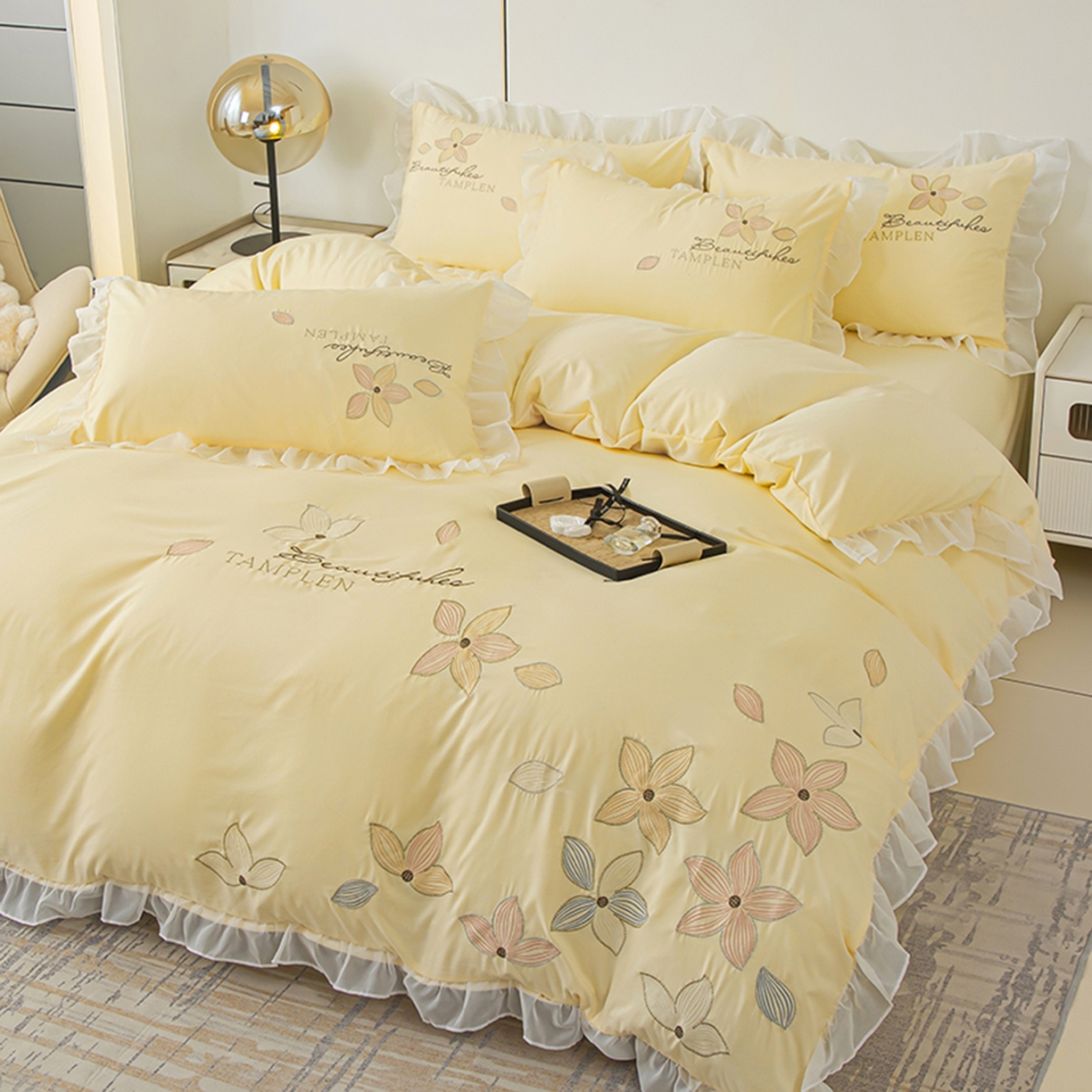 91家纺网 家纺一手货源 找家纺 木子家纺 2026新款水洗棉刺绣四件套-花颜系列 花颜-萱草黄