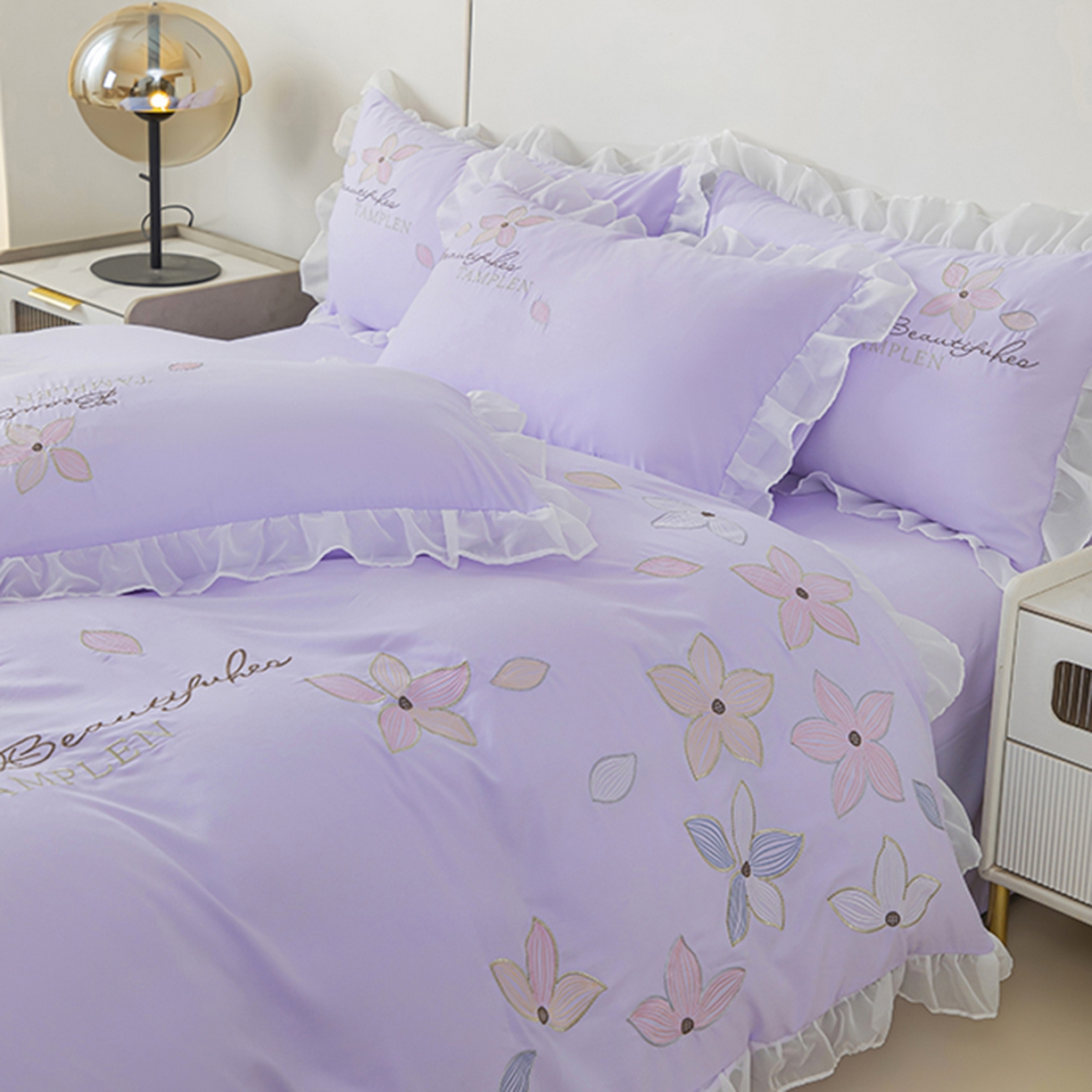 91家纺网 家纺一手货源 找家纺 木子家纺 2026新款水洗棉刺绣四件套-花颜系列 花颜-苏紫