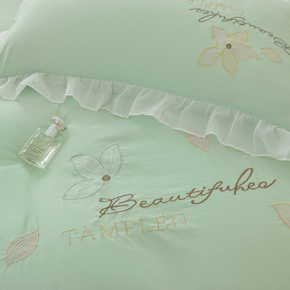 91家纺网 家纺一手货源 找家纺 木子家纺 2026新款水洗棉刺绣四件套-花颜系列 花颜-山翠绿