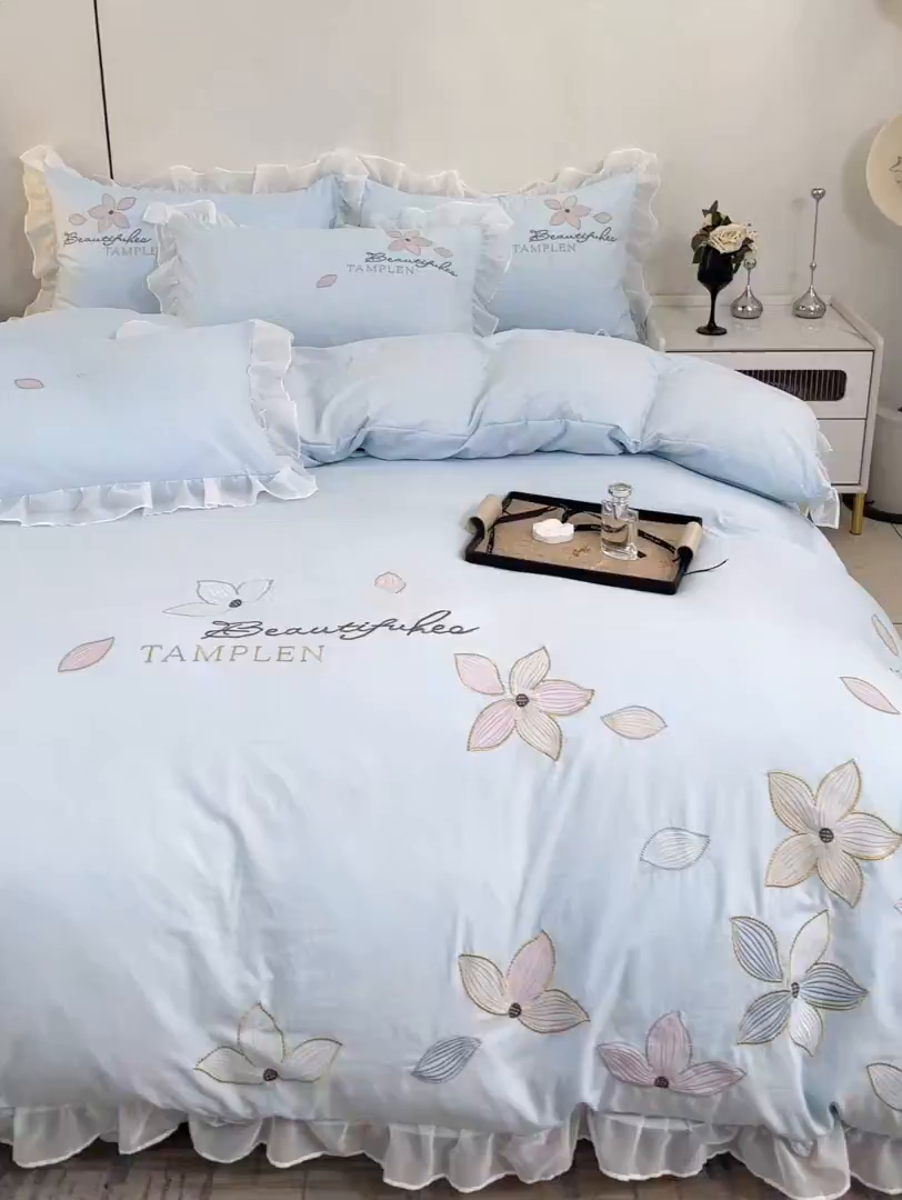 91家纺网 家纺一手货源 找家纺 木子家纺 2026新款水洗棉刺绣四件套-花颜系列 花颜-沙天兰