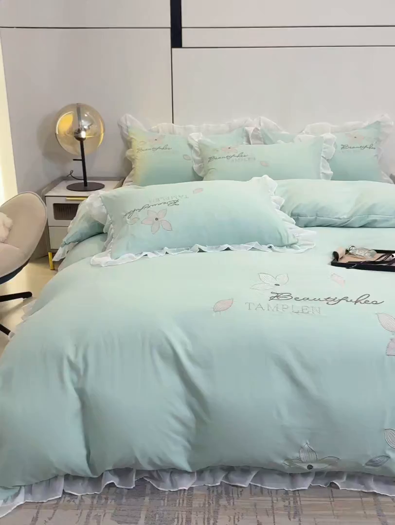 91家纺网 家纺一手货源 找家纺 木子家纺 2026新款水洗棉刺绣四件套-花颜系列 花颜-山翠绿