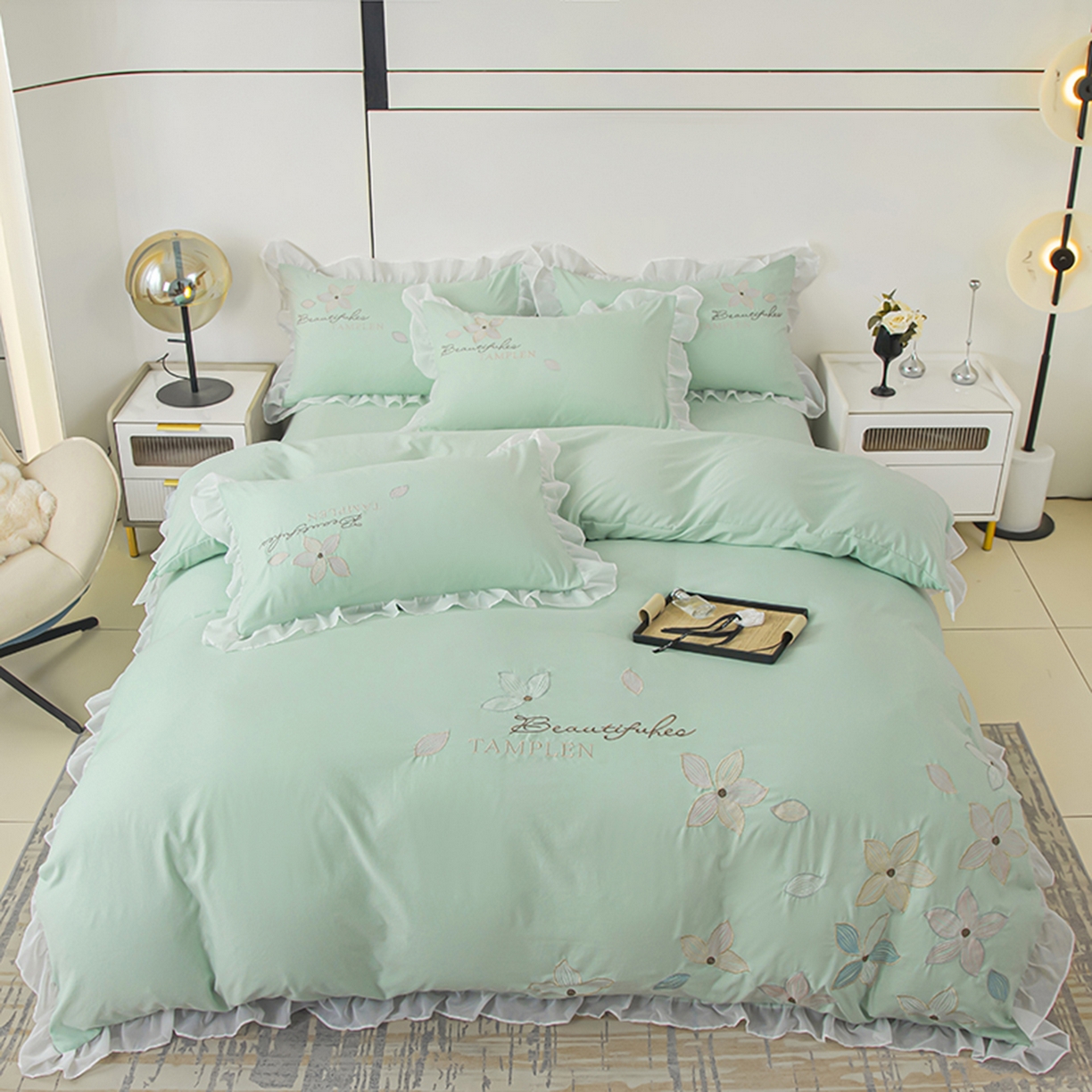 91家纺网 家纺一手货源 找家纺 木子家纺 2026新款水洗棉刺绣四件套-花颜系列 花颜-山翠绿