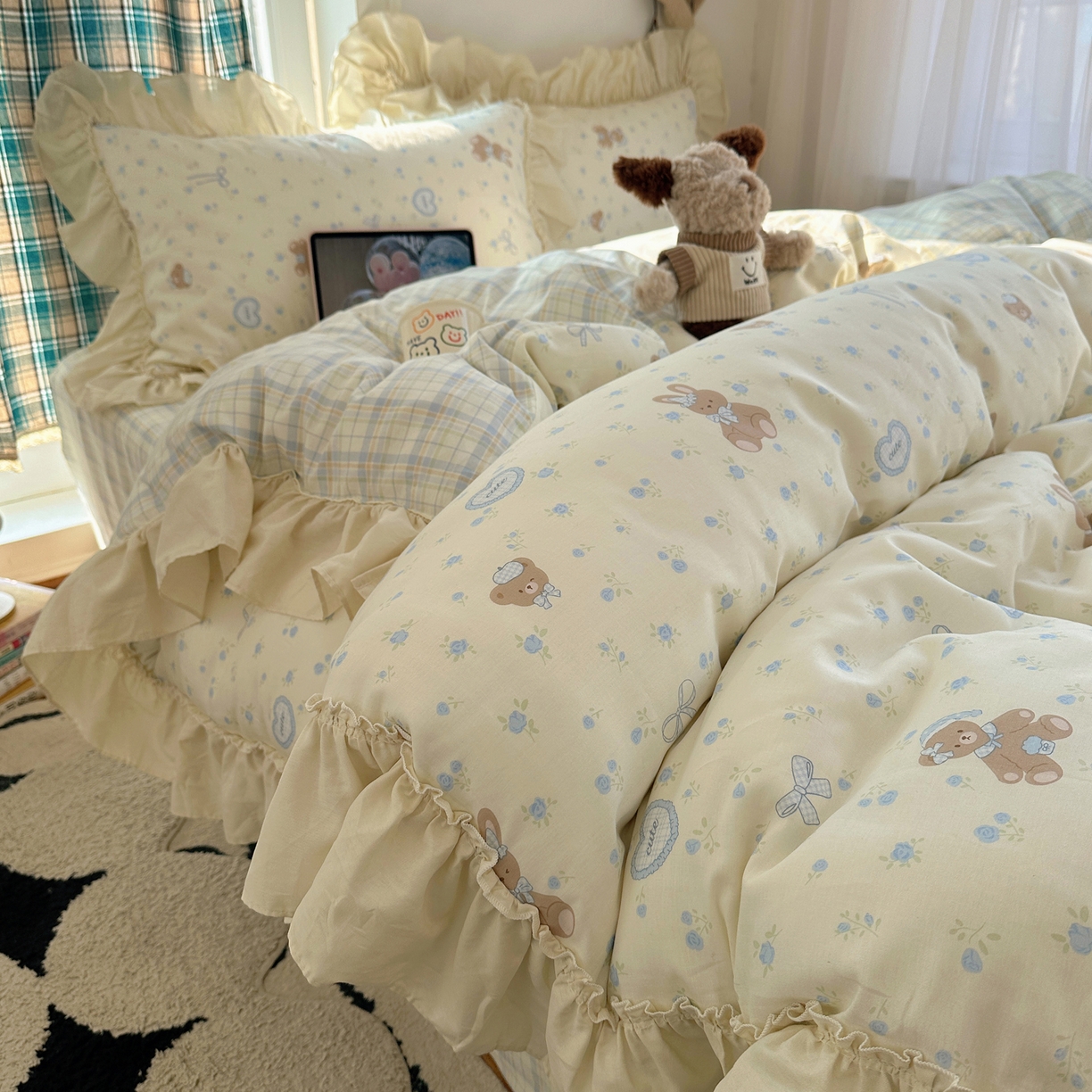 91家纺网 家纺一手货源 找家纺 （总）瑞莱 2026春夏新款全棉纯棉印花韩系卡通花边四件套