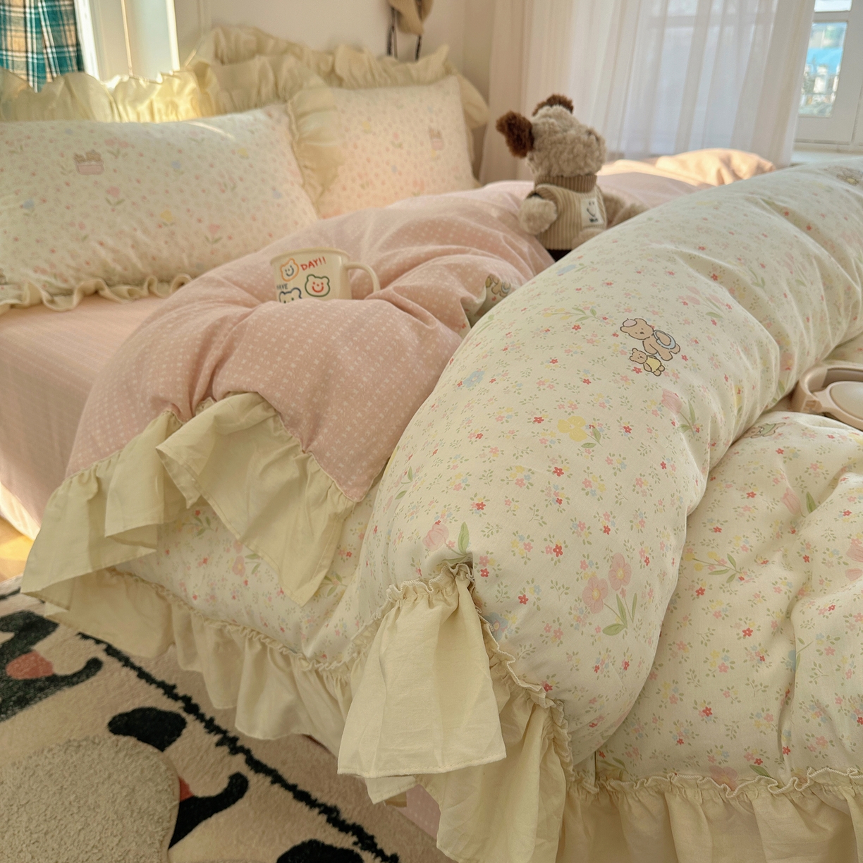 91家纺网 家纺一手货源 找家纺 （总）瑞莱 2026春夏新款全棉纯棉印花韩系卡通花边四件套