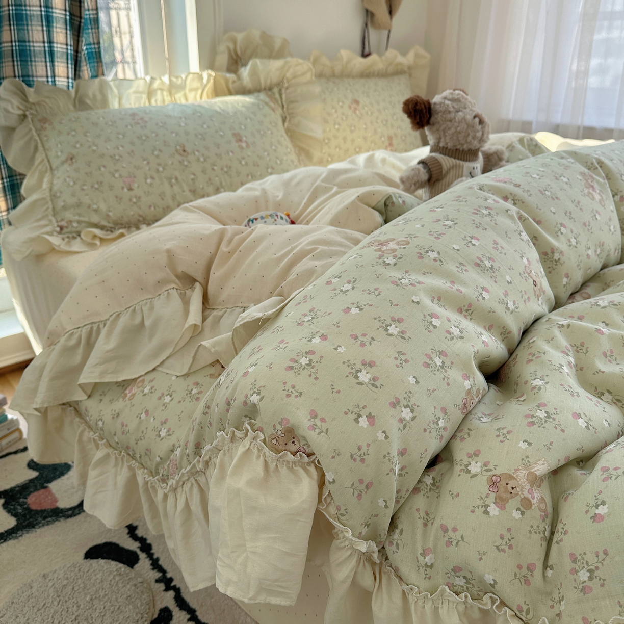 91家纺网 家纺一手货源 找家纺 （总）瑞莱 2026春夏新款全棉纯棉印花韩系卡通花边四件套