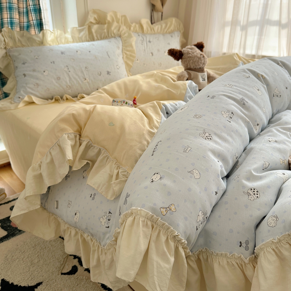 91家纺网 家纺一手货源 找家纺 （总）瑞莱 2026春夏新款全棉纯棉印花韩系卡通花边四件套