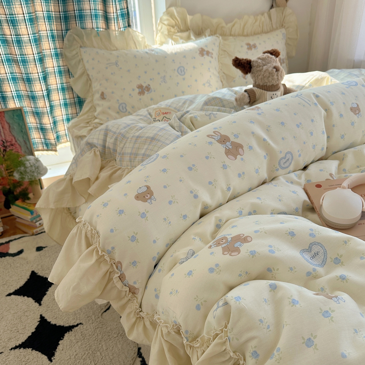 91家纺网 家纺一手货源 找家纺 瑞莱 2026春夏新款全棉纯棉印花韩系卡通花边四件套 爱心兔兔