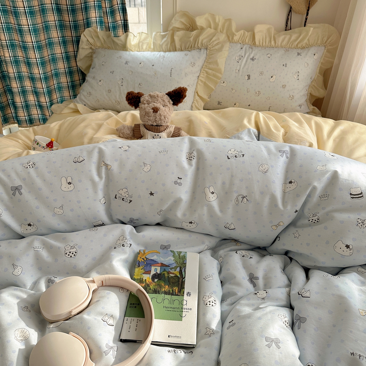 91家纺网 家纺一手货源 找家纺 瑞莱 2026春夏新款全棉纯棉印花韩系卡通花边四件套 欢乐季