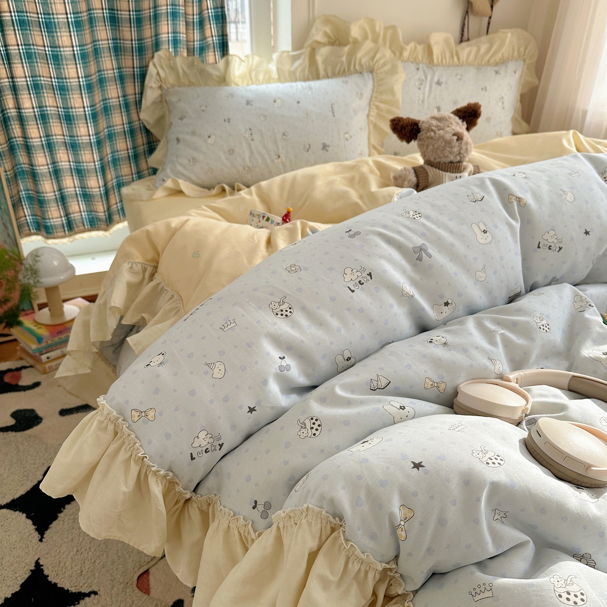 91家纺网 家纺一手货源 找家纺 瑞莱 2026春夏新款全棉纯棉印花韩系卡通花边四件套 欢乐季