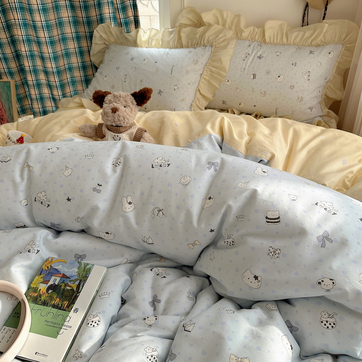 91家纺网 家纺一手货源 找家纺 瑞莱 2026春夏新款全棉纯棉印花韩系卡通花边四件套 欢乐季