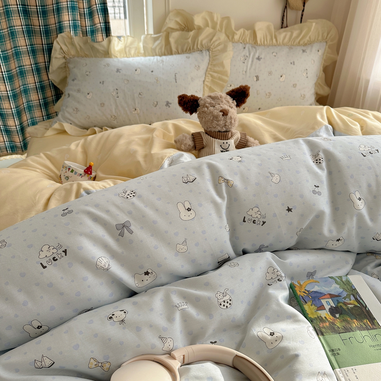 91家纺网 家纺一手货源 找家纺 瑞莱 2026春夏新款全棉纯棉印花韩系卡通花边四件套 欢乐季