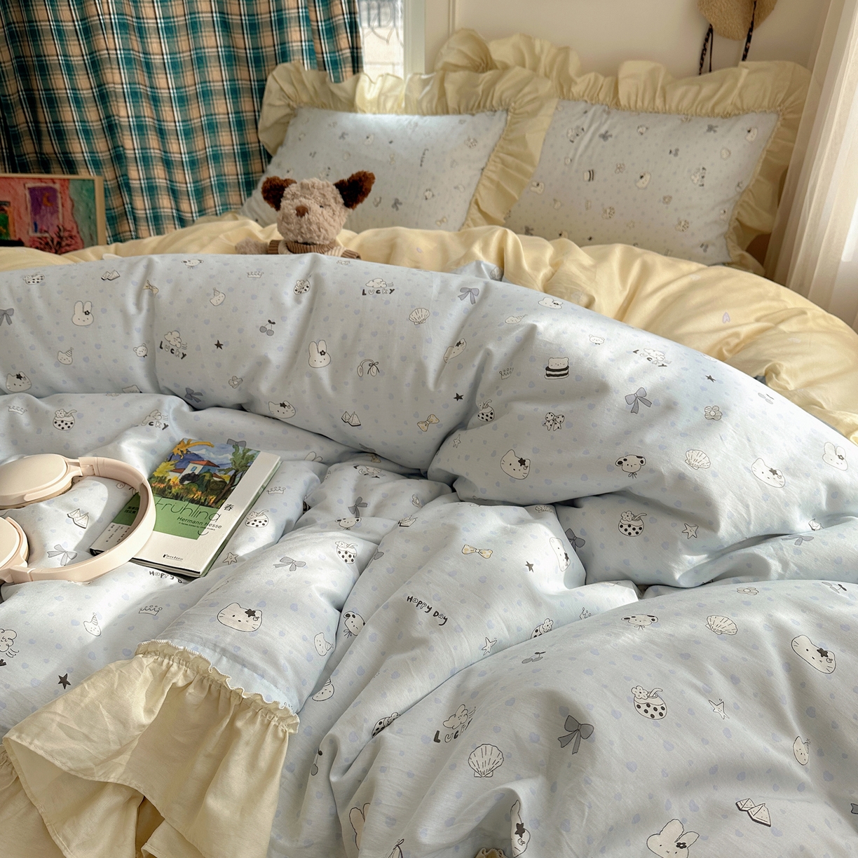 91家纺网 家纺一手货源 找家纺 瑞莱 2026春夏新款全棉纯棉印花韩系卡通花边四件套 欢乐季